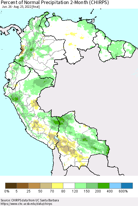 Northern South America Percent of Normal Precipitation 2-Month (CHIRPS) Thematic Map For 6/26/2022 - 8/25/2022