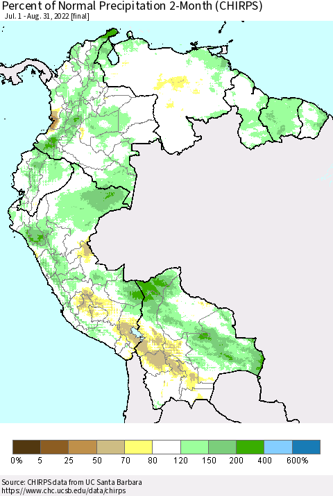 Northern South America Percent of Normal Precipitation 2-Month (CHIRPS) Thematic Map For 7/1/2022 - 8/31/2022