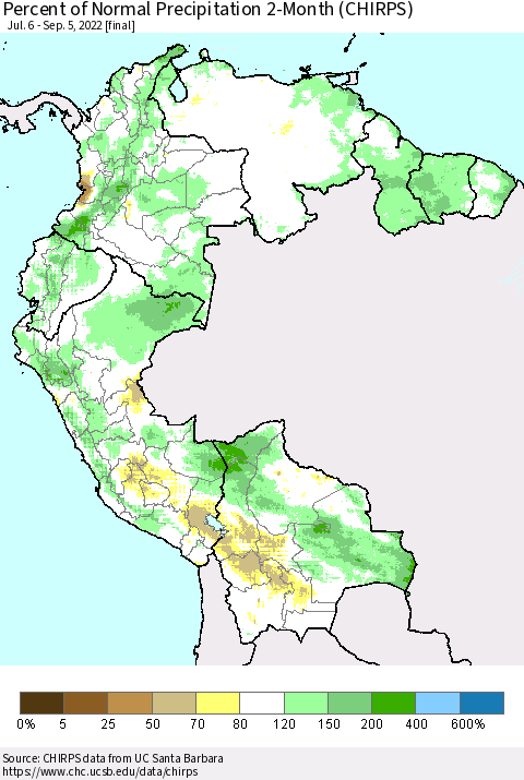 Northern South America Percent of Normal Precipitation 2-Month (CHIRPS) Thematic Map For 7/6/2022 - 9/5/2022