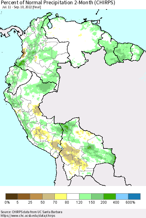 Northern South America Percent of Normal Precipitation 2-Month (CHIRPS) Thematic Map For 7/11/2022 - 9/10/2022
