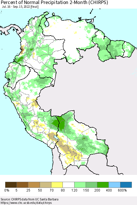 Northern South America Percent of Normal Precipitation 2-Month (CHIRPS) Thematic Map For 7/16/2022 - 9/15/2022
