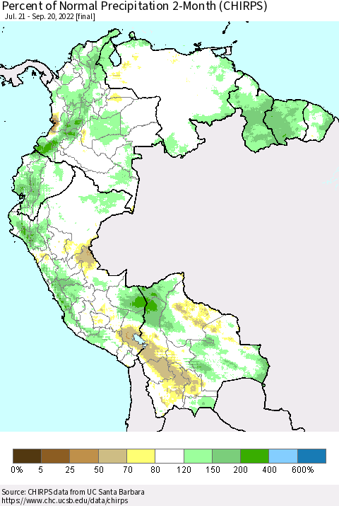 Northern South America Percent of Normal Precipitation 2-Month (CHIRPS) Thematic Map For 7/21/2022 - 9/20/2022