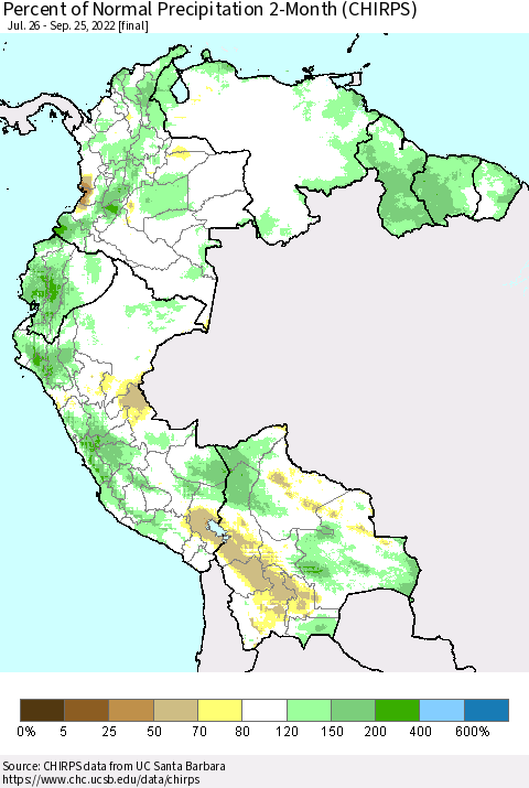 Northern South America Percent of Normal Precipitation 2-Month (CHIRPS) Thematic Map For 7/26/2022 - 9/25/2022