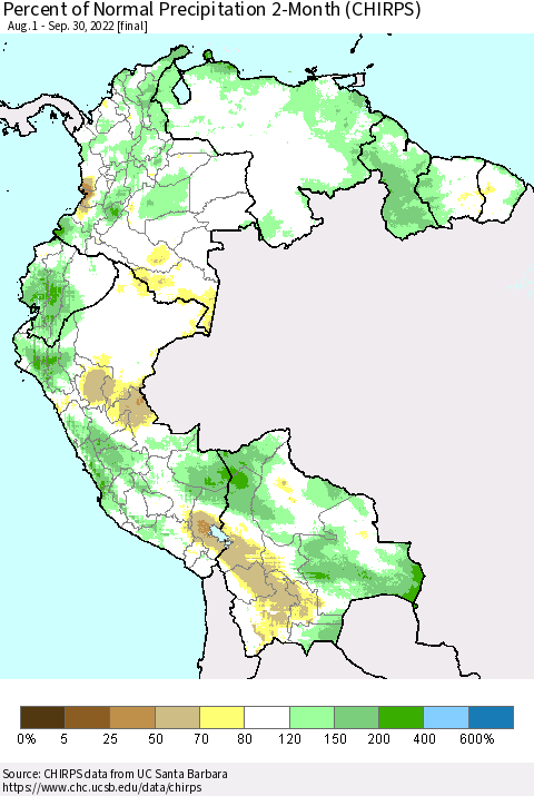 Northern South America Percent of Normal Precipitation 2-Month (CHIRPS) Thematic Map For 8/1/2022 - 9/30/2022