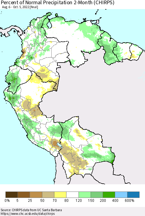 Northern South America Percent of Normal Precipitation 2-Month (CHIRPS) Thematic Map For 8/6/2022 - 10/5/2022