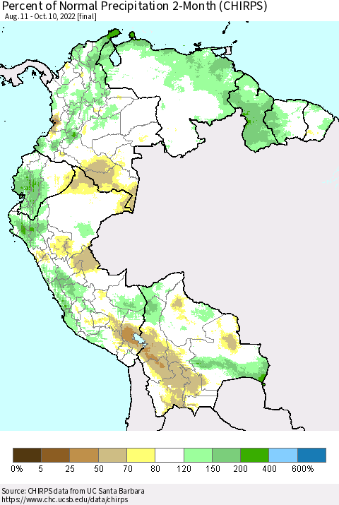 Northern South America Percent of Normal Precipitation 2-Month (CHIRPS) Thematic Map For 8/11/2022 - 10/10/2022