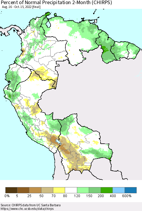 Northern South America Percent of Normal Precipitation 2-Month (CHIRPS) Thematic Map For 8/16/2022 - 10/15/2022
