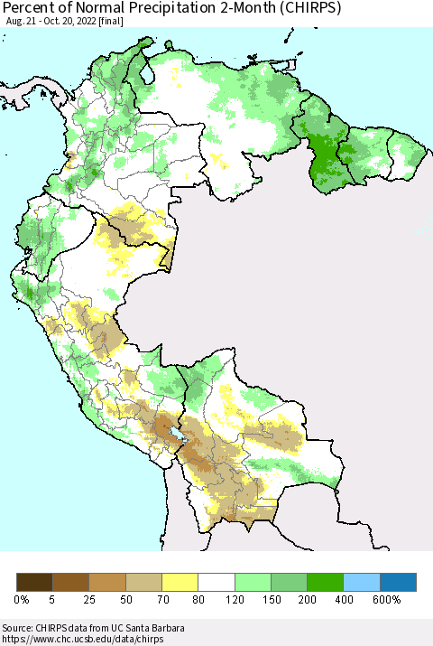 Northern South America Percent of Normal Precipitation 2-Month (CHIRPS) Thematic Map For 8/21/2022 - 10/20/2022