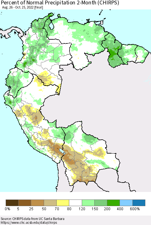 Northern South America Percent of Normal Precipitation 2-Month (CHIRPS) Thematic Map For 8/26/2022 - 10/25/2022