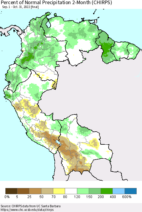 Northern South America Percent of Normal Precipitation 2-Month (CHIRPS) Thematic Map For 9/1/2022 - 10/31/2022