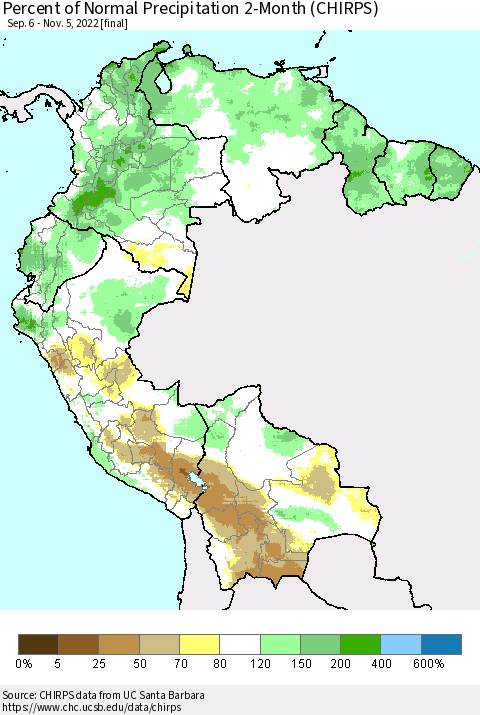 Northern South America Percent of Normal Precipitation 2-Month (CHIRPS) Thematic Map For 9/6/2022 - 11/5/2022