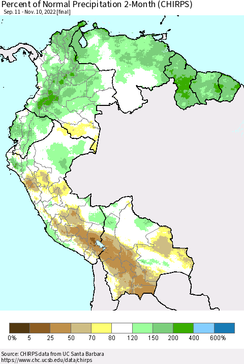 Northern South America Percent of Normal Precipitation 2-Month (CHIRPS) Thematic Map For 9/11/2022 - 11/10/2022