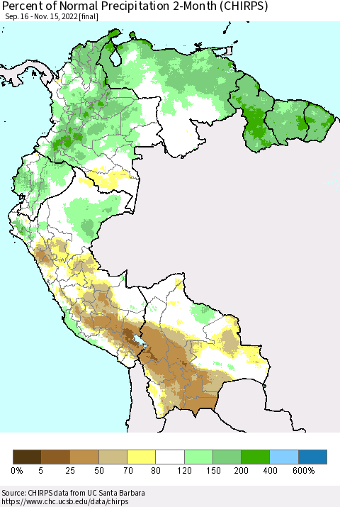 Northern South America Percent of Normal Precipitation 2-Month (CHIRPS) Thematic Map For 9/16/2022 - 11/15/2022