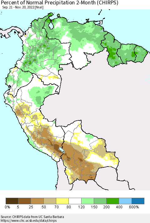 Northern South America Percent of Normal Precipitation 2-Month (CHIRPS) Thematic Map For 9/21/2022 - 11/20/2022