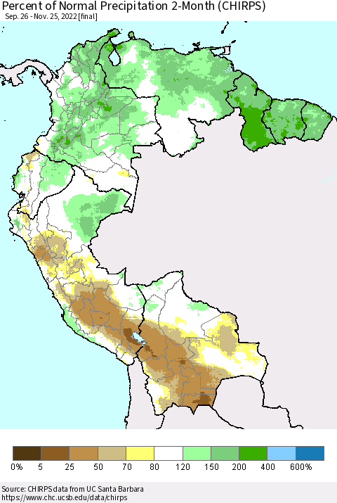 Northern South America Percent of Normal Precipitation 2-Month (CHIRPS) Thematic Map For 9/26/2022 - 11/25/2022