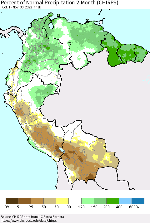 Northern South America Percent of Normal Precipitation 2-Month (CHIRPS) Thematic Map For 10/1/2022 - 11/30/2022