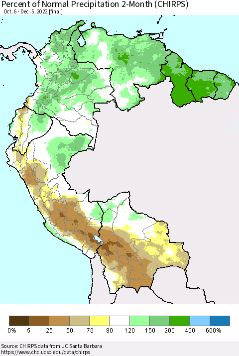 Northern South America Percent of Normal Precipitation 2-Month (CHIRPS) Thematic Map For 10/6/2022 - 12/5/2022