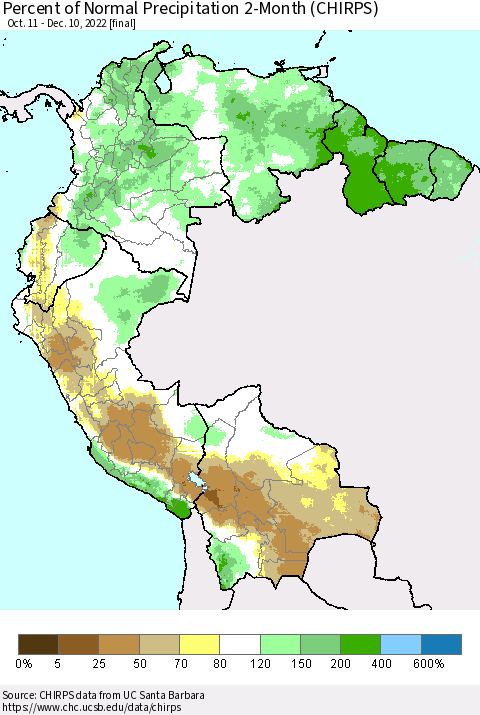 Northern South America Percent of Normal Precipitation 2-Month (CHIRPS) Thematic Map For 10/11/2022 - 12/10/2022