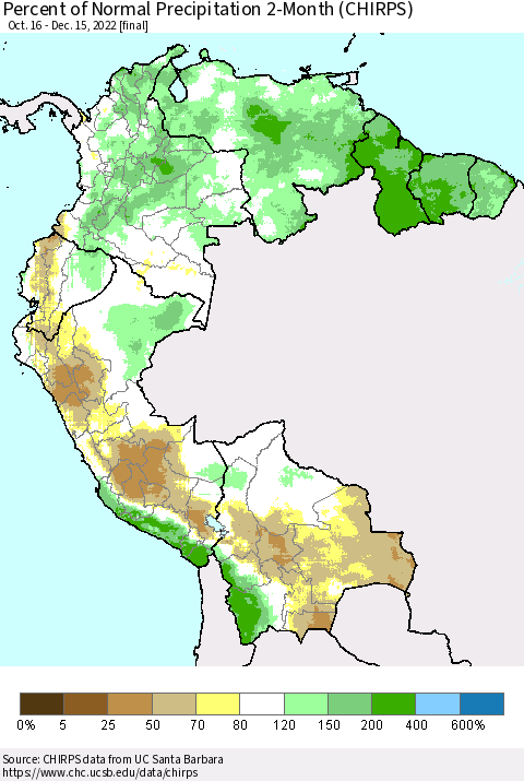 Northern South America Percent of Normal Precipitation 2-Month (CHIRPS) Thematic Map For 10/16/2022 - 12/15/2022
