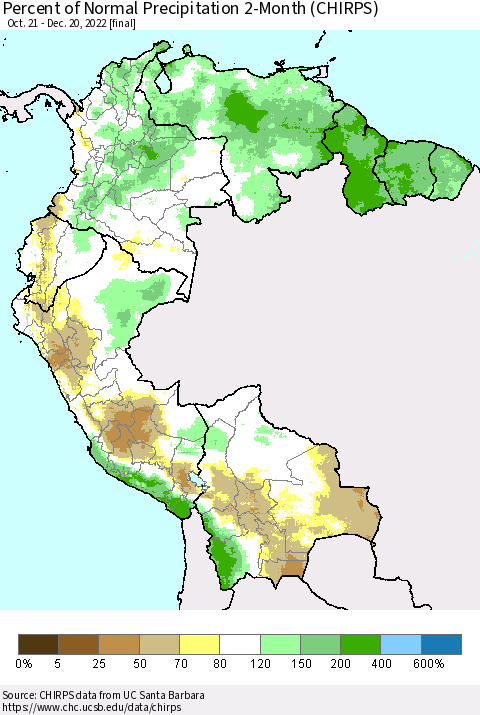 Northern South America Percent of Normal Precipitation 2-Month (CHIRPS) Thematic Map For 10/21/2022 - 12/20/2022