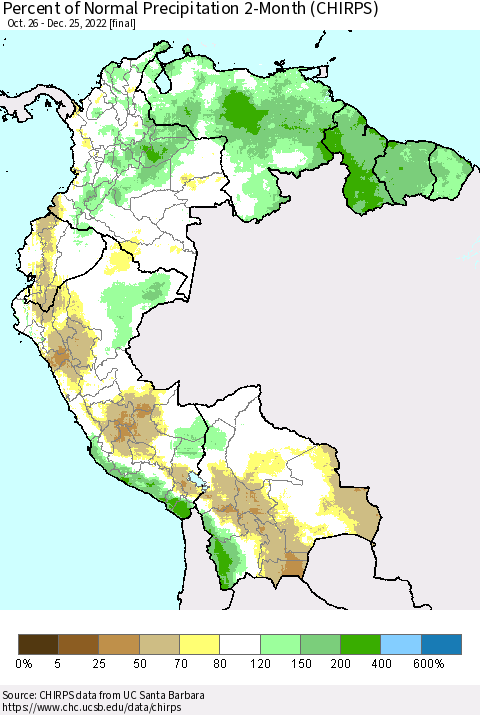 Northern South America Percent of Normal Precipitation 2-Month (CHIRPS) Thematic Map For 10/26/2022 - 12/25/2022