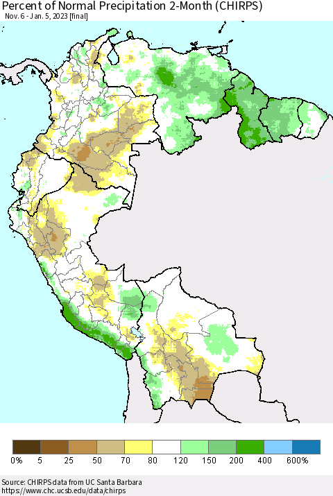 Northern South America Percent of Normal Precipitation 2-Month (CHIRPS) Thematic Map For 11/6/2022 - 1/5/2023