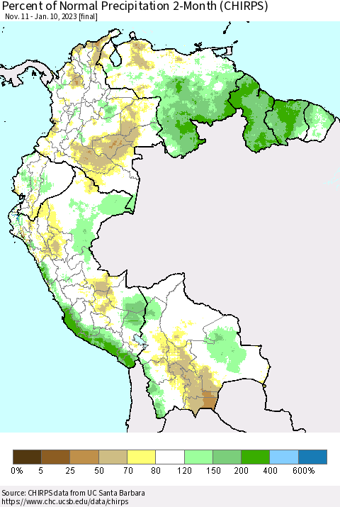 Northern South America Percent of Normal Precipitation 2-Month (CHIRPS) Thematic Map For 11/11/2022 - 1/10/2023