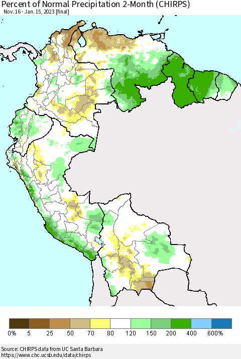 Northern South America Percent of Normal Precipitation 2-Month (CHIRPS) Thematic Map For 11/16/2022 - 1/15/2023
