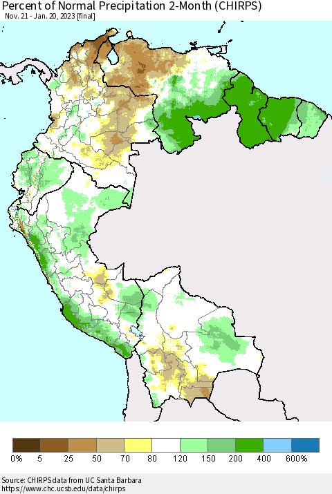 Northern South America Percent of Normal Precipitation 2-Month (CHIRPS) Thematic Map For 11/21/2022 - 1/20/2023