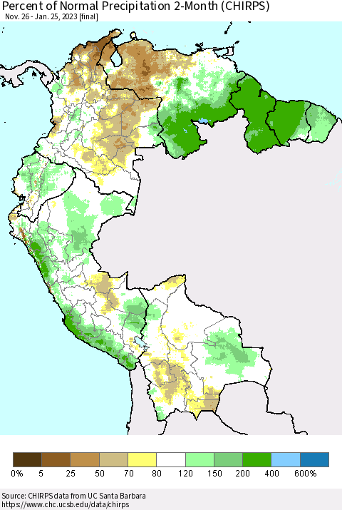 Northern South America Percent of Normal Precipitation 2-Month (CHIRPS) Thematic Map For 11/26/2022 - 1/25/2023