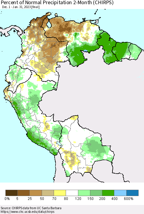 Northern South America Percent of Normal Precipitation 2-Month (CHIRPS) Thematic Map For 12/1/2022 - 1/31/2023