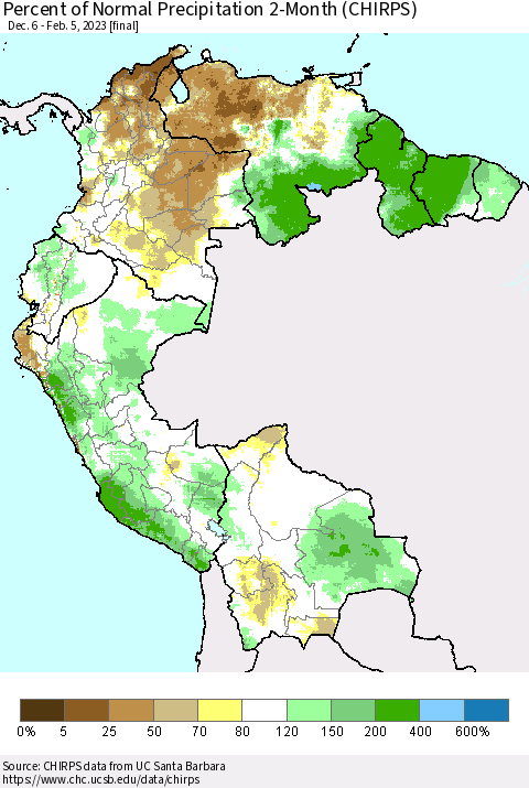 Northern South America Percent of Normal Precipitation 2-Month (CHIRPS) Thematic Map For 12/6/2022 - 2/5/2023