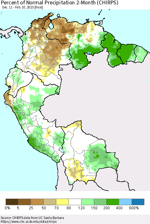 Northern South America Percent of Normal Precipitation 2-Month (CHIRPS) Thematic Map For 12/11/2022 - 2/10/2023