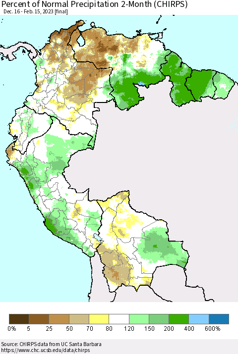 Northern South America Percent of Normal Precipitation 2-Month (CHIRPS) Thematic Map For 12/16/2022 - 2/15/2023