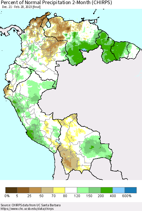 Northern South America Percent of Normal Precipitation 2-Month (CHIRPS) Thematic Map For 12/21/2022 - 2/20/2023