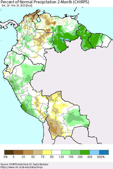 Northern South America Percent of Normal Precipitation 2-Month (CHIRPS) Thematic Map For 12/26/2022 - 2/25/2023