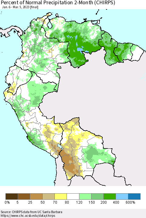 Northern South America Percent of Normal Precipitation 2-Month (CHIRPS) Thematic Map For 1/6/2023 - 3/5/2023