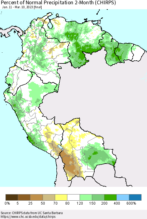 Northern South America Percent of Normal Precipitation 2-Month (CHIRPS) Thematic Map For 1/11/2023 - 3/10/2023