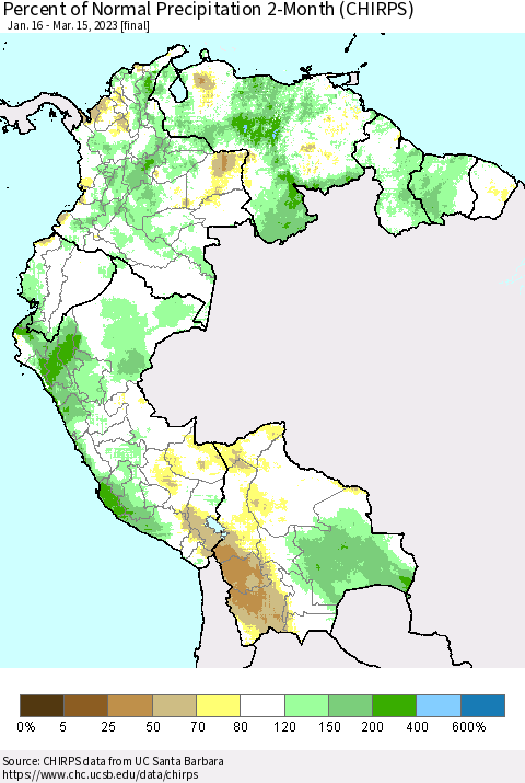Northern South America Percent of Normal Precipitation 2-Month (CHIRPS) Thematic Map For 1/16/2023 - 3/15/2023