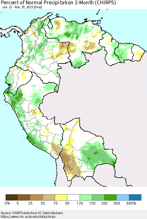 Northern South America Percent of Normal Precipitation 2-Month (CHIRPS) Thematic Map For 1/21/2023 - 3/20/2023