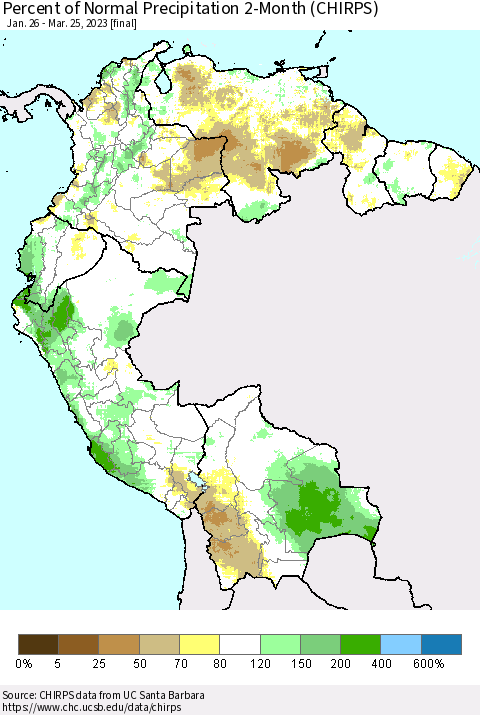 Northern South America Percent of Normal Precipitation 2-Month (CHIRPS) Thematic Map For 1/26/2023 - 3/25/2023