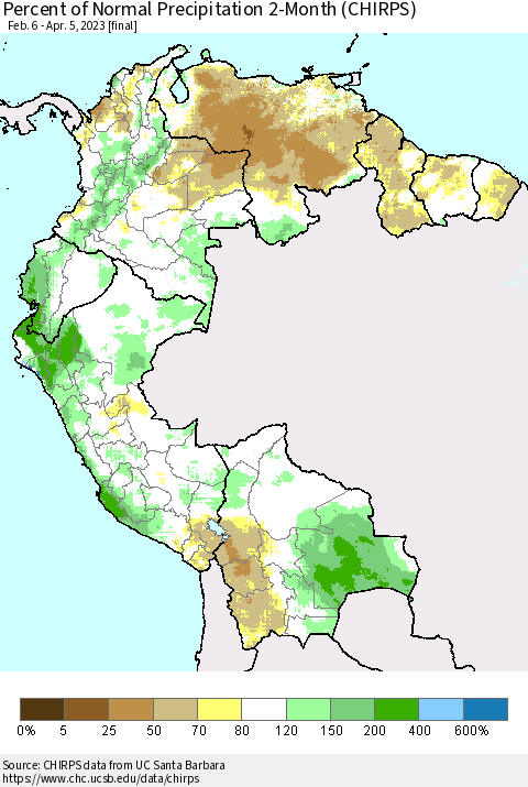 Northern South America Percent of Normal Precipitation 2-Month (CHIRPS) Thematic Map For 2/6/2023 - 4/5/2023