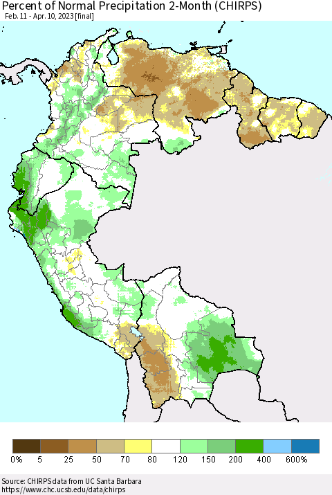 Northern South America Percent of Normal Precipitation 2-Month (CHIRPS) Thematic Map For 2/11/2023 - 4/10/2023