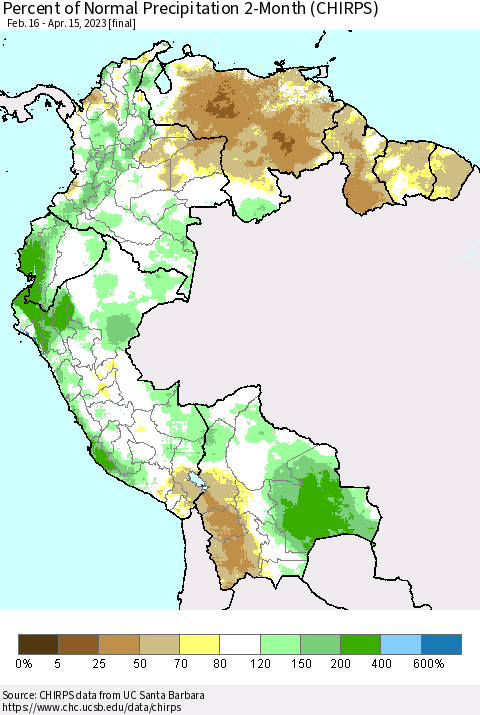Northern South America Percent of Normal Precipitation 2-Month (CHIRPS) Thematic Map For 2/16/2023 - 4/15/2023