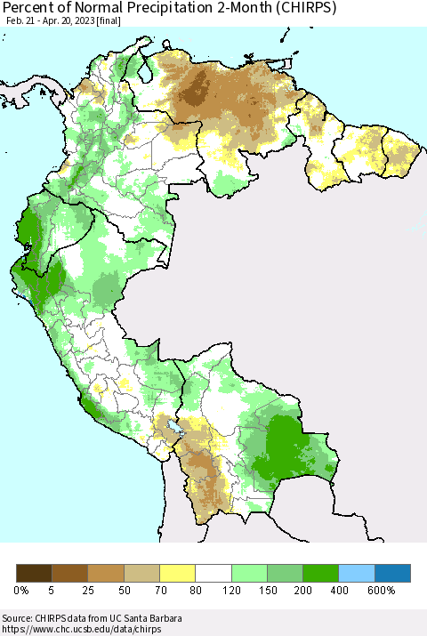 Northern South America Percent of Normal Precipitation 2-Month (CHIRPS) Thematic Map For 2/21/2023 - 4/20/2023