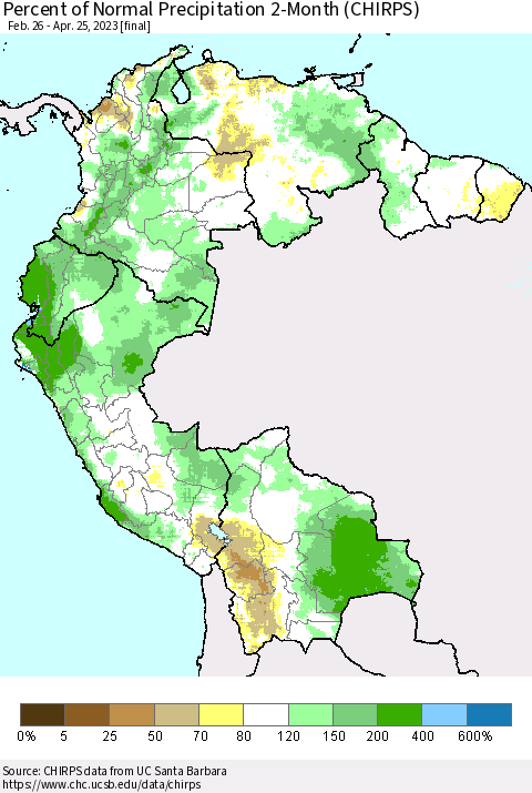 Northern South America Percent of Normal Precipitation 2-Month (CHIRPS) Thematic Map For 2/26/2023 - 4/25/2023