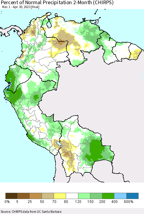 Northern South America Percent of Normal Precipitation 2-Month (CHIRPS) Thematic Map For 3/1/2023 - 4/30/2023