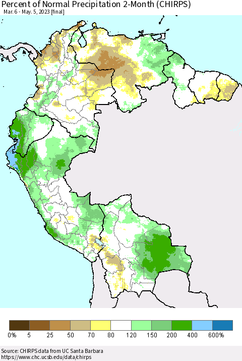 Northern South America Percent of Normal Precipitation 2-Month (CHIRPS) Thematic Map For 3/6/2023 - 5/5/2023