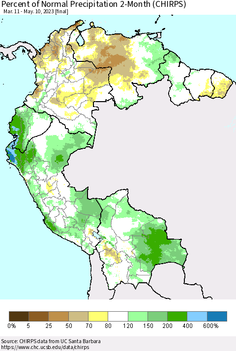 Northern South America Percent of Normal Precipitation 2-Month (CHIRPS) Thematic Map For 3/11/2023 - 5/10/2023