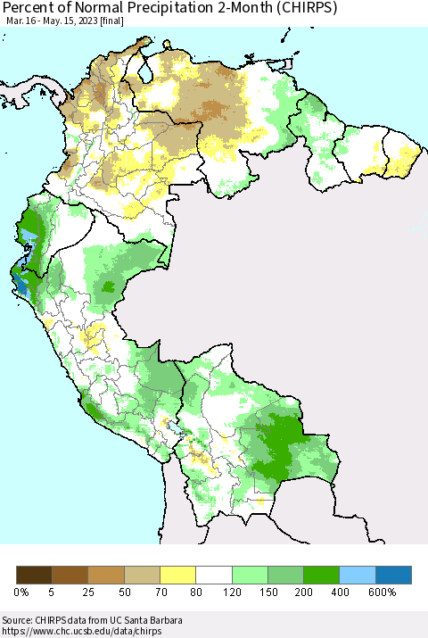 Northern South America Percent of Normal Precipitation 2-Month (CHIRPS) Thematic Map For 3/16/2023 - 5/15/2023